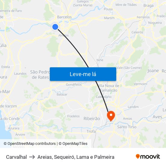 Carvalhal to Areias, Sequeiró, Lama e Palmeira map