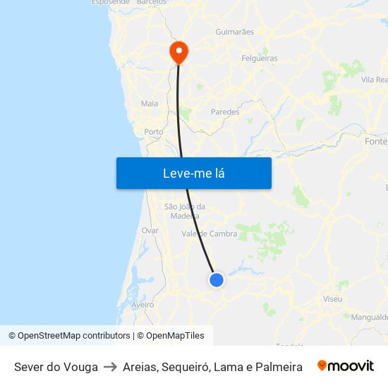 Sever do Vouga to Areias, Sequeiró, Lama e Palmeira map