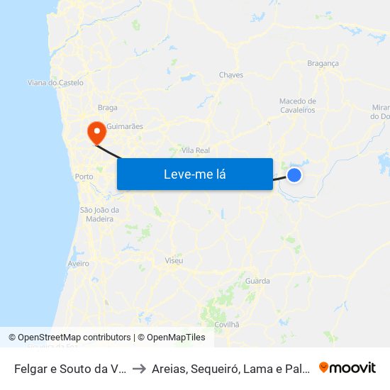 Felgar e Souto da Velha to Areias, Sequeiró, Lama e Palmeira map