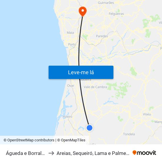 Águeda e Borralha to Areias, Sequeiró, Lama e Palmeira map
