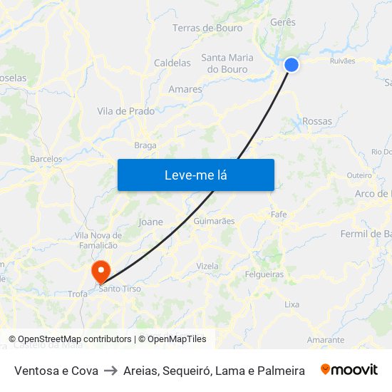 Ventosa e Cova to Areias, Sequeiró, Lama e Palmeira map