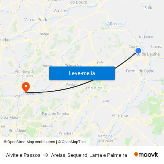 Alvite e Passos to Areias, Sequeiró, Lama e Palmeira map