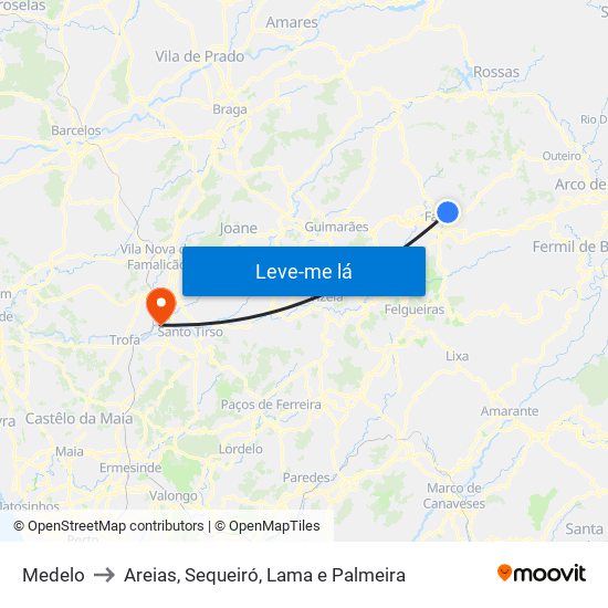 Medelo to Areias, Sequeiró, Lama e Palmeira map