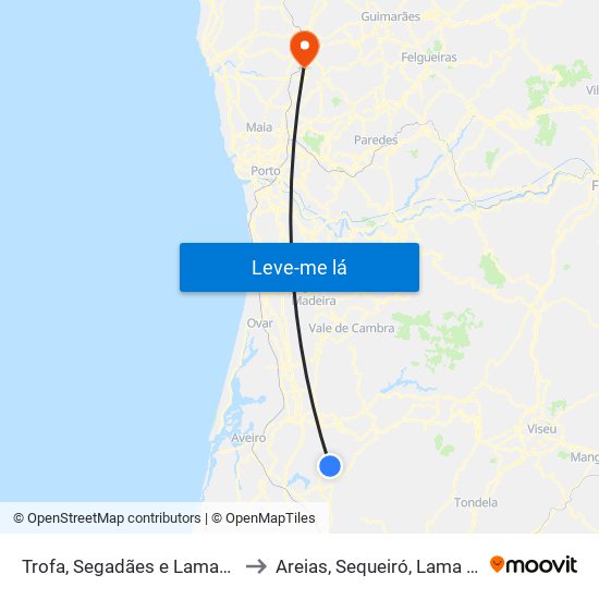 Trofa, Segadães e Lamas do Vouga to Areias, Sequeiró, Lama e Palmeira map