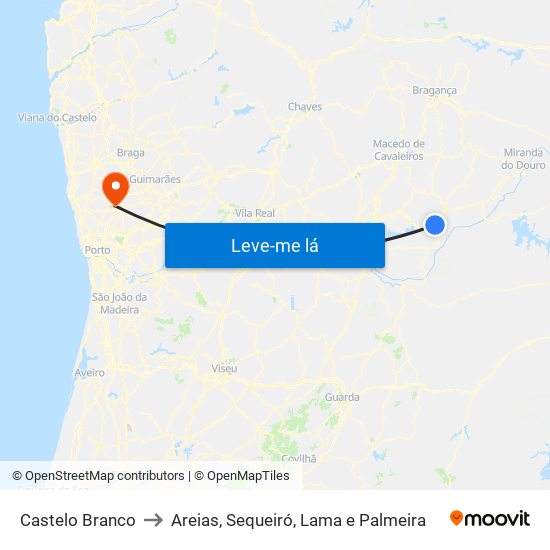 Castelo Branco to Areias, Sequeiró, Lama e Palmeira map