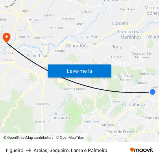 Figueiró to Areias, Sequeiró, Lama e Palmeira map