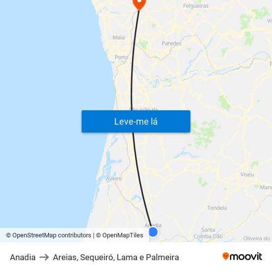 Anadia to Areias, Sequeiró, Lama e Palmeira map