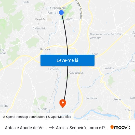 Antas e Abade de Vermoim to Areias, Sequeiró, Lama e Palmeira map