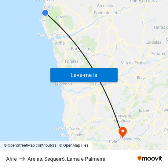 Afife to Areias, Sequeiró, Lama e Palmeira map