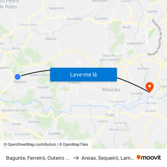 Bagunte, Ferreiró, Outeiro Maior e Parada to Areias, Sequeiró, Lama e Palmeira map