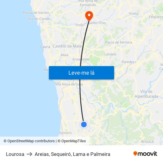 Lourosa to Areias, Sequeiró, Lama e Palmeira map