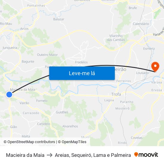 Macieira da Maia to Areias, Sequeiró, Lama e Palmeira map