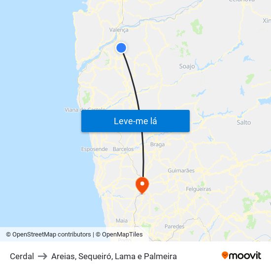 Cerdal to Areias, Sequeiró, Lama e Palmeira map