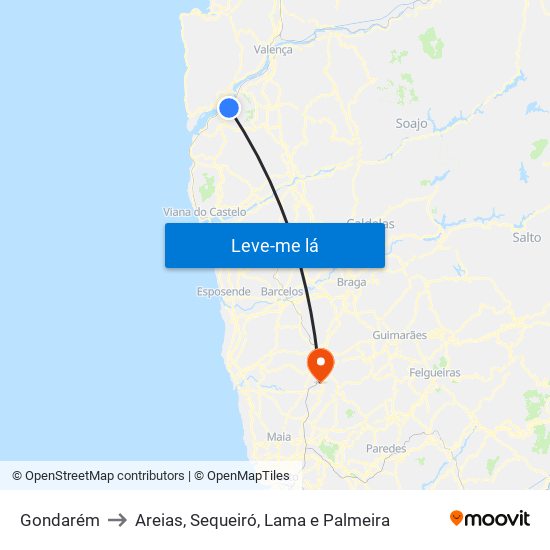 Gondarém to Areias, Sequeiró, Lama e Palmeira map