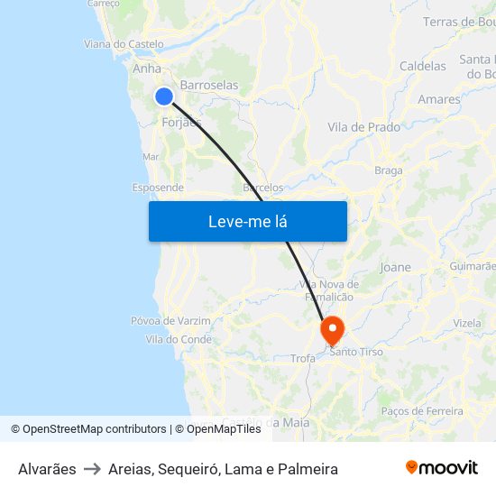 Alvarães to Areias, Sequeiró, Lama e Palmeira map