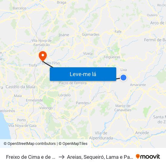 Freixo de Cima e de Baixo to Areias, Sequeiró, Lama e Palmeira map