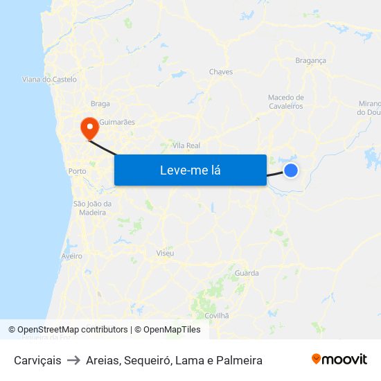 Carviçais to Areias, Sequeiró, Lama e Palmeira map