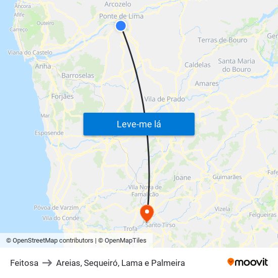 Feitosa to Areias, Sequeiró, Lama e Palmeira map