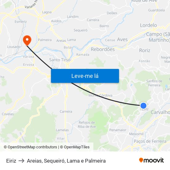 Eiriz to Areias, Sequeiró, Lama e Palmeira map