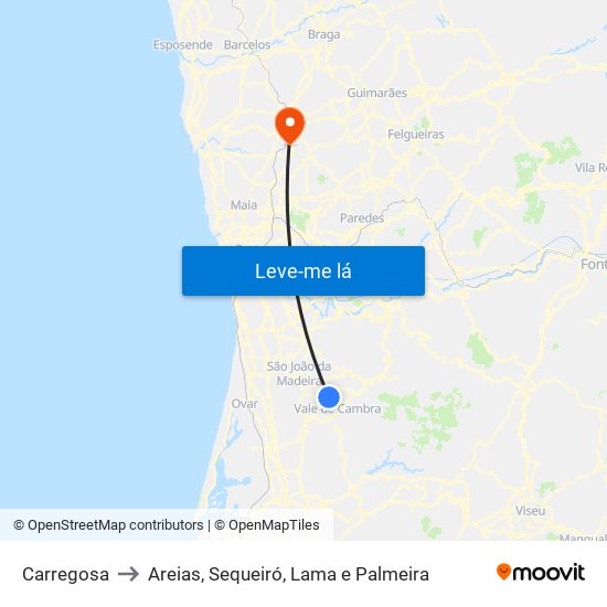 Carregosa to Areias, Sequeiró, Lama e Palmeira map