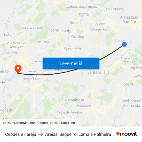 Cepães e Fareja to Areias, Sequeiró, Lama e Palmeira map