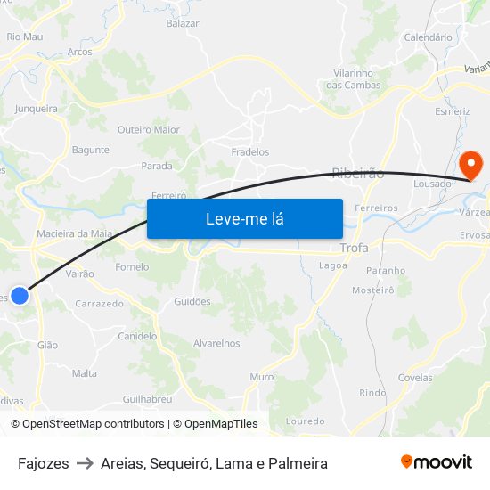 Fajozes to Areias, Sequeiró, Lama e Palmeira map