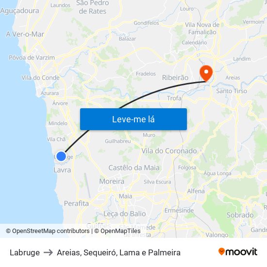 Labruge to Areias, Sequeiró, Lama e Palmeira map