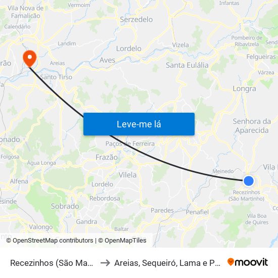 Recezinhos (São Mamede) to Areias, Sequeiró, Lama e Palmeira map