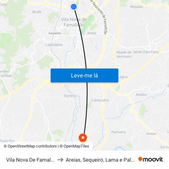 Vila Nova De Famalicão to Areias, Sequeiró, Lama e Palmeira map