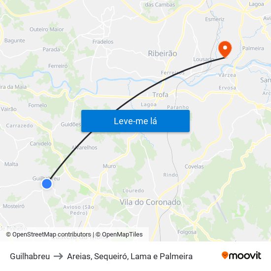 Guilhabreu to Areias, Sequeiró, Lama e Palmeira map