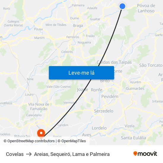 Covelas to Areias, Sequeiró, Lama e Palmeira map