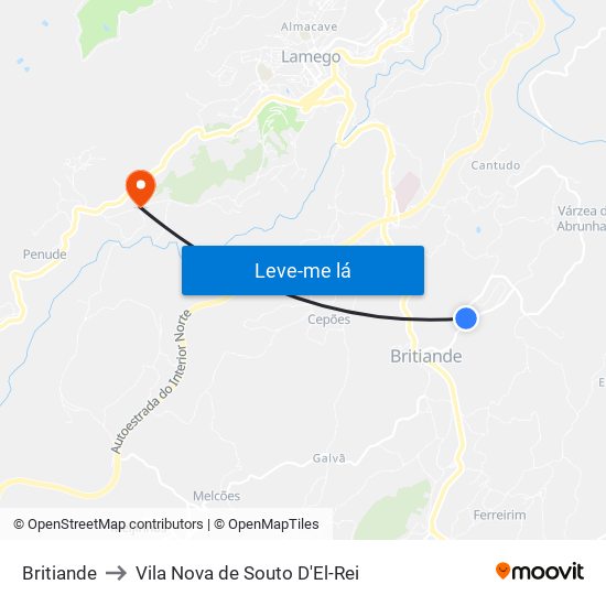 Britiande to Vila Nova de Souto D'El-Rei map