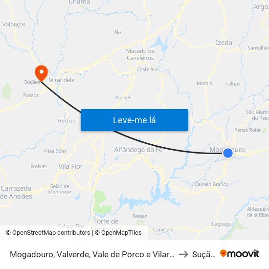 Mogadouro, Valverde, Vale de Porco e Vilar de Rei to Suçães map