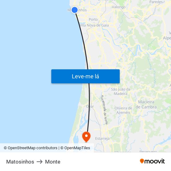 Matosinhos to Monte map