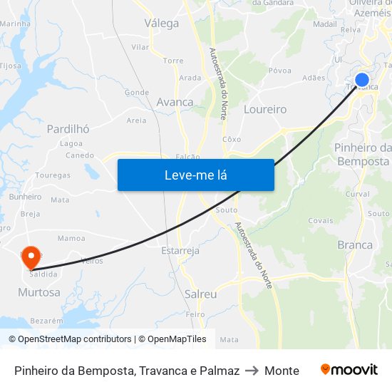 Pinheiro da Bemposta, Travanca e Palmaz to Monte map