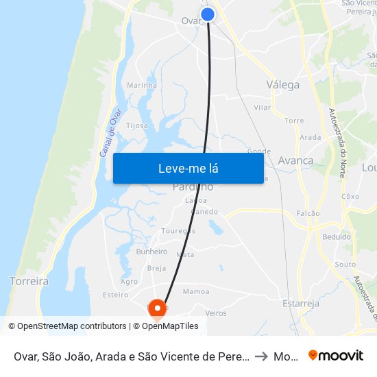 Ovar, São João, Arada e São Vicente de Pereira Jusã to Monte map