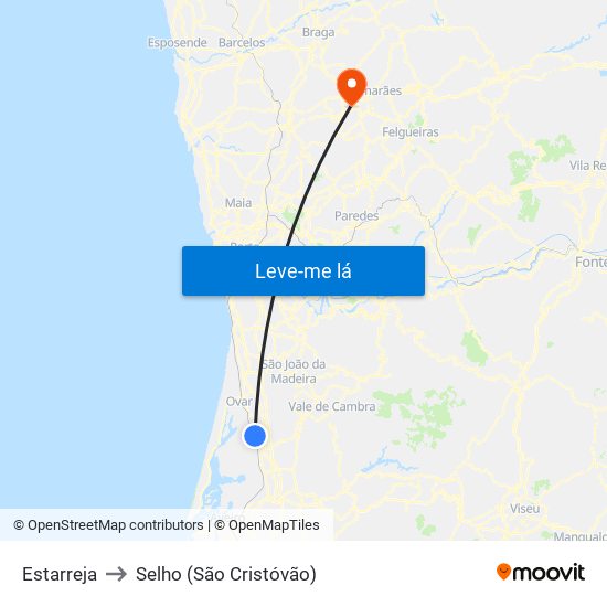 Estarreja to Selho (São Cristóvão) map