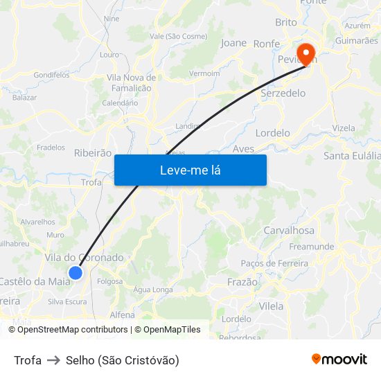 Trofa to Selho (São Cristóvão) map