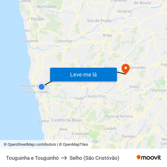 Touguinha e Touguinhó to Selho (São Cristóvão) map