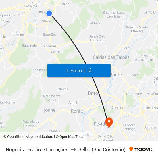 Nogueira, Fraião e Lamaçães to Selho (São Cristóvão) map