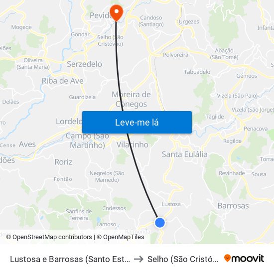 Lustosa e Barrosas (Santo Estêvão) to Selho (São Cristóvão) map