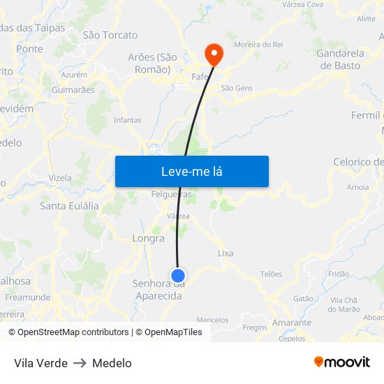 Vila Verde to Medelo map