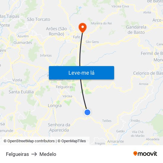 Felgueiras to Medelo map