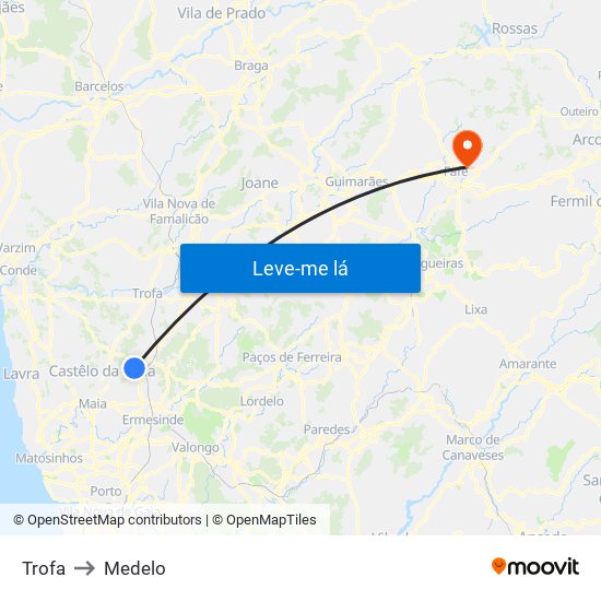 Trofa to Medelo map