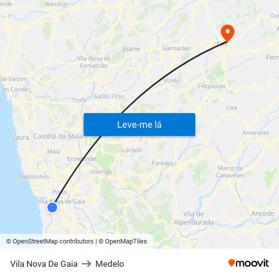Vila Nova De Gaia to Medelo map