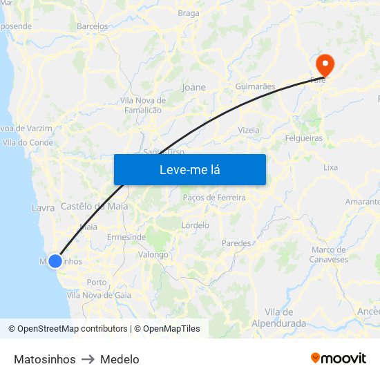 Matosinhos to Medelo map