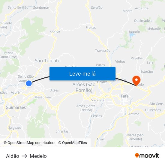 Aldão to Medelo map