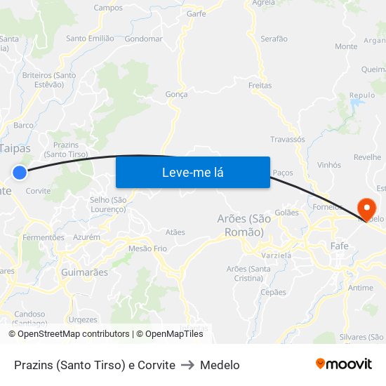 Prazins (Santo Tirso) e Corvite to Medelo map