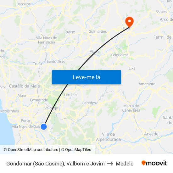 Gondomar (São Cosme), Valbom e Jovim to Medelo map