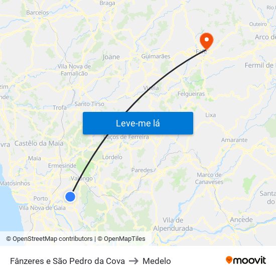 Fânzeres e São Pedro da Cova to Medelo map